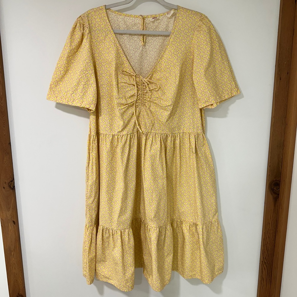 Levi's Floral Tiered Babydoll Dress Womens XL Yellow Short Sleeve | Cottagecore